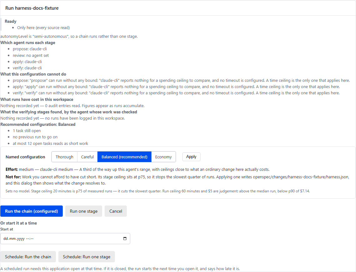 The run dialog for a change, with a section headed "What this configuration cannot do", listing the stages that can run without any bound