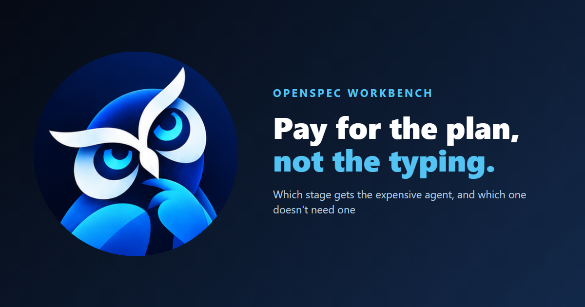 The OpenSpec Workbench owl, thoughtful, beside the words Pay for the plan, not the typing