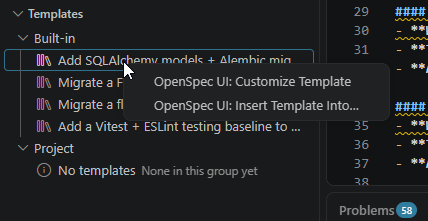 Template actions available from the workbench