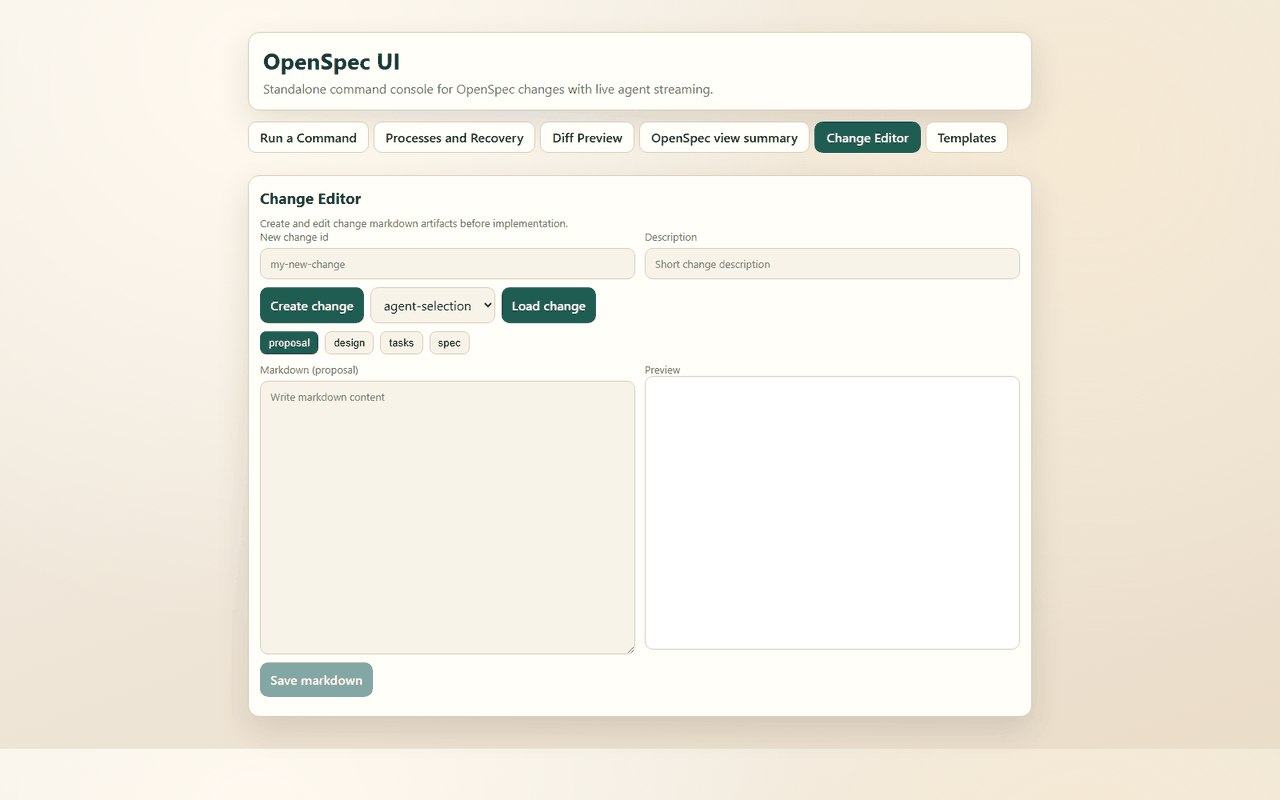 The change editor with proposal, design and tasks side by side