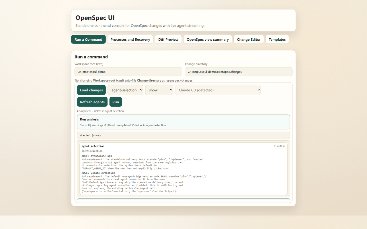 The standalone app showing a completed show command and its streamed output